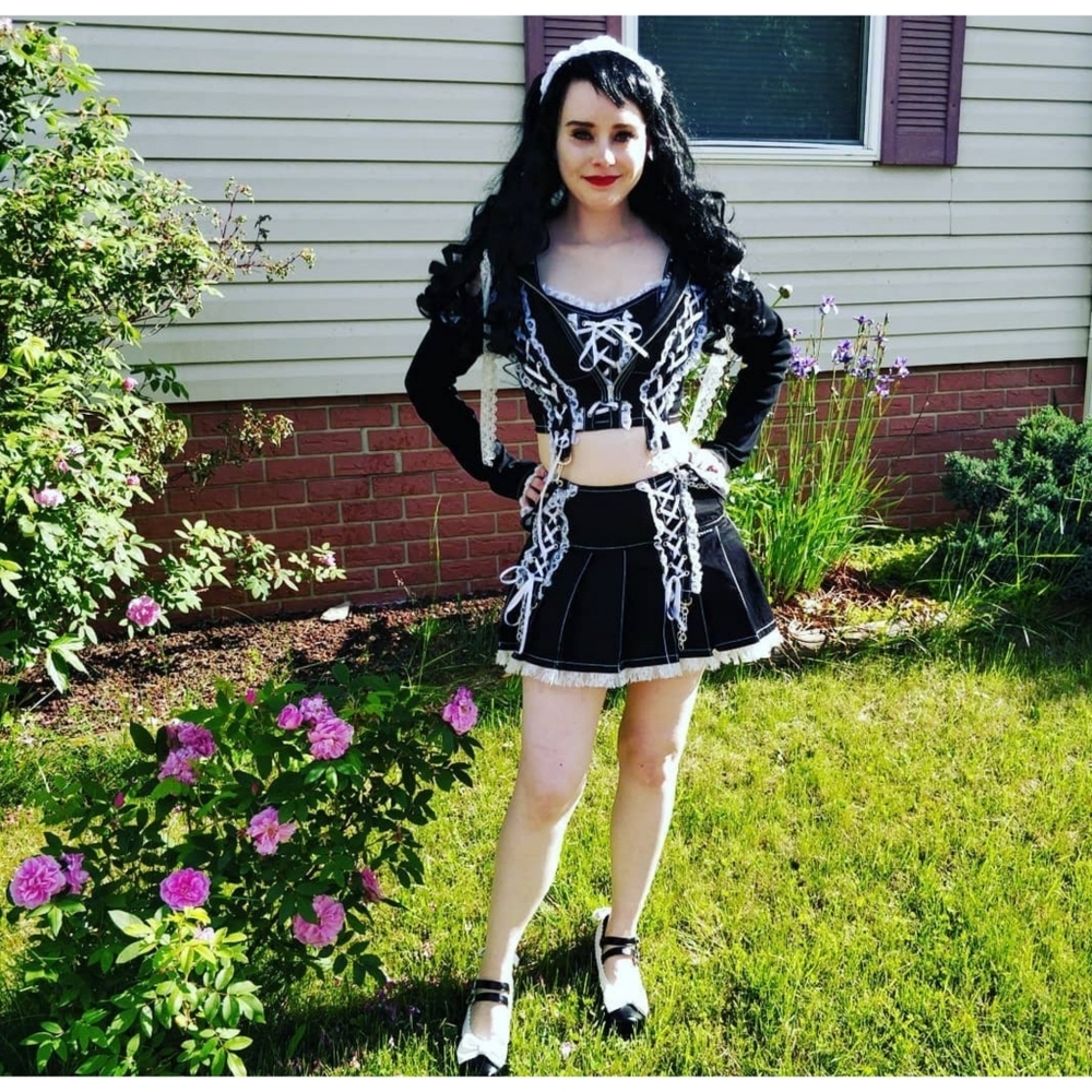Tripp NYC dark Street maid skirt mini corset white black lace up pleated emo m